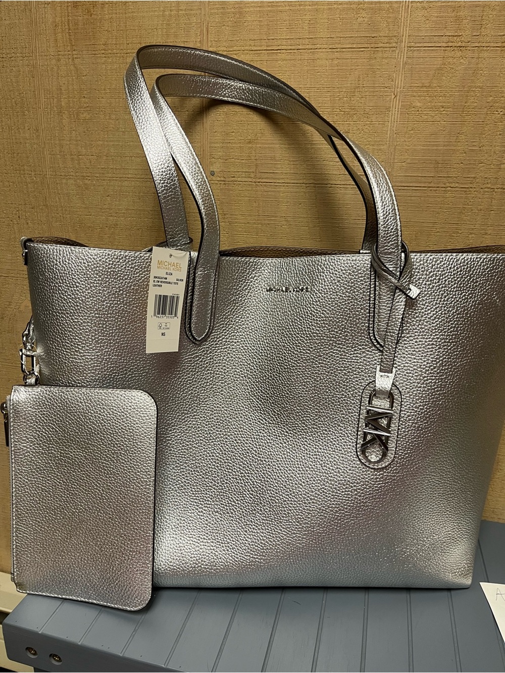 Michael Kors Metallic Silver Pebbled Leather Tote with Wristlet
